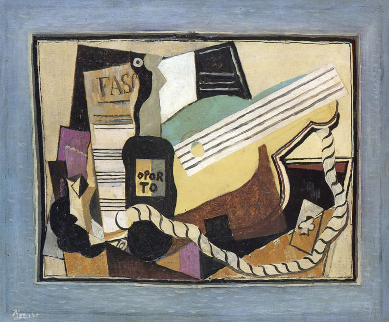 Пабло Пикассо «Ноты, бутылка портвейна, гитара, игральные карты»